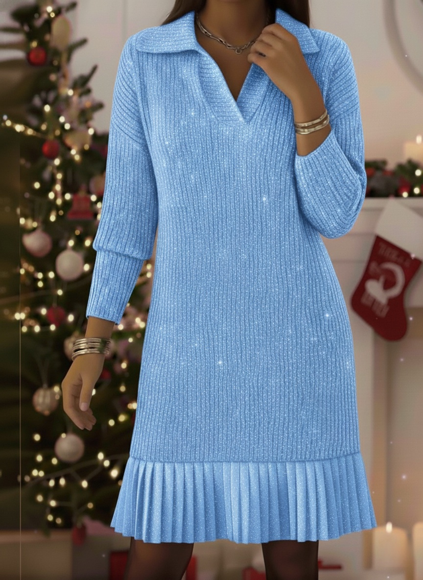 Women's Elegant Polo Neck Shimmering Knit Dress
