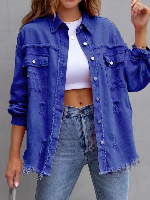 Women's Plain Ripped Raw Hem Button Front Drop Shoulder Coat, Casual Chic Pocket Long Sleeve Collared Outerwear for Daily Wear, Jackets - Seldom Seen Styles