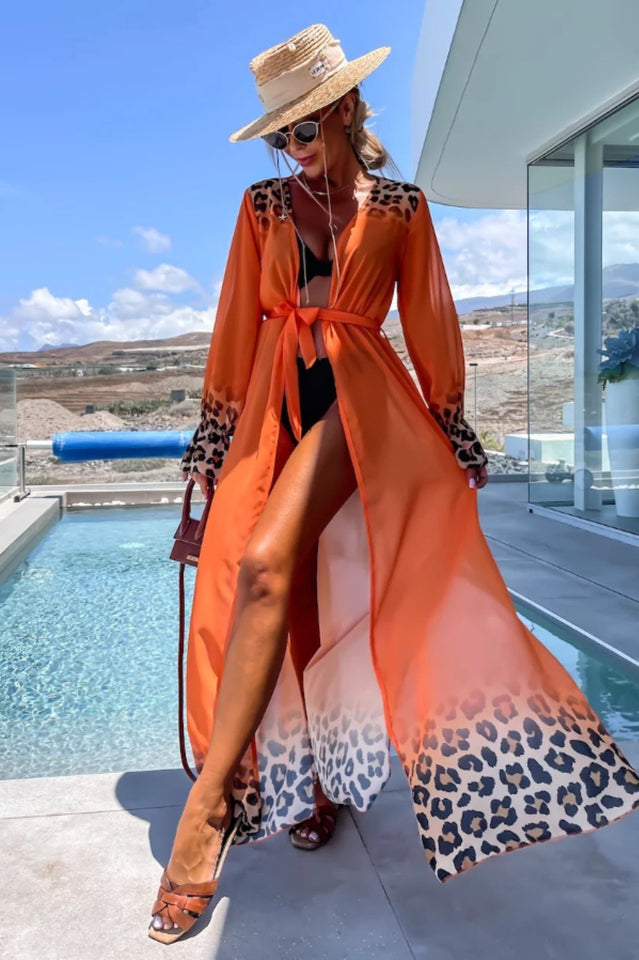 Leopard Print Tie Waist Kaftan - Seldom Seen Styles