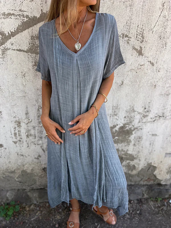 Cotton and Linen V-neck Midi Dress - Seldom Seen Styles