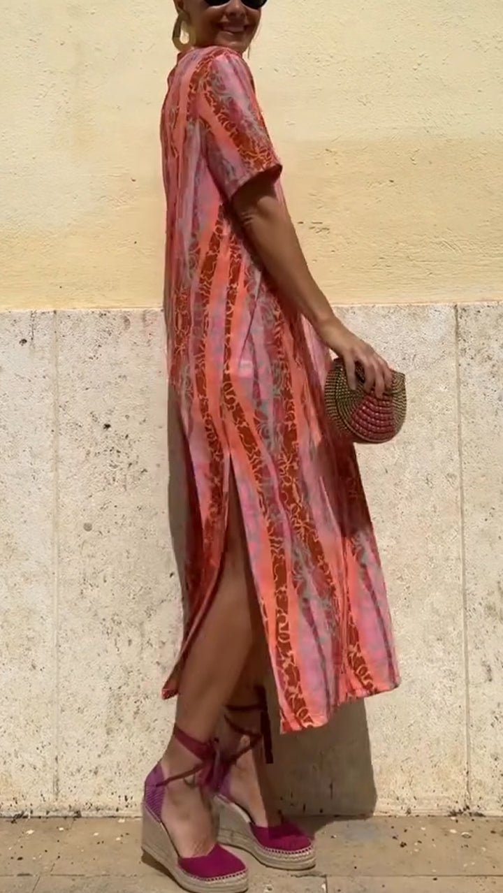 Ladies' V-neck Vertical Print Slit Casual Dress - Seldom Seen Styles