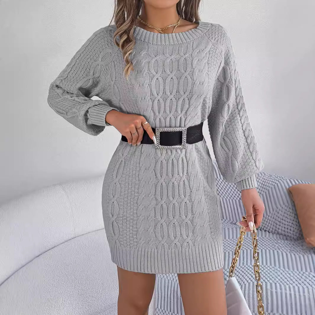 Women Round Neck Solid Color Lantern Sleeve Straight Sweater Dress - Seldom Seen Styles