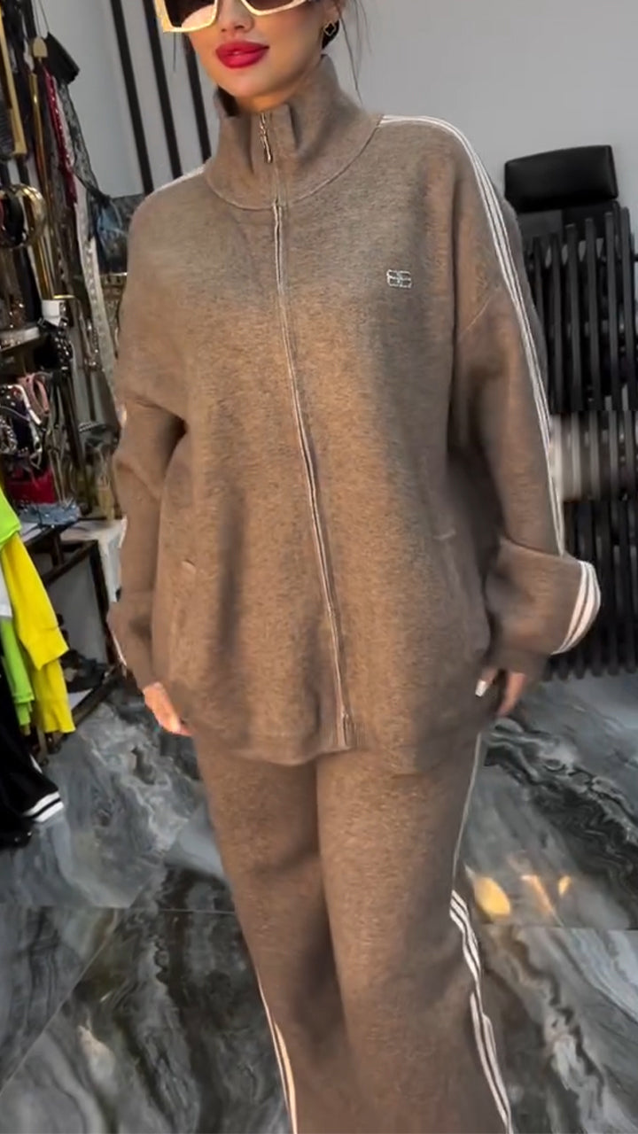 Ladies Standing Collar Vertical Stripe Casual Suit - Seldom Seen Styles