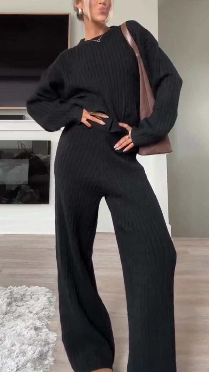 Women Round Neck Solid Color Cable Knitted Suit - Seldom Seen Styles