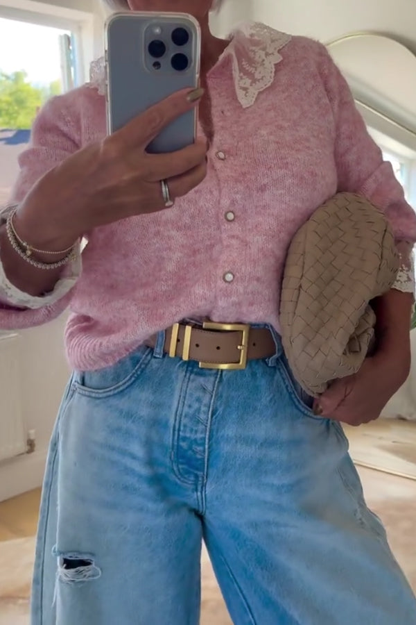 Women Casual Lace Panel Cardigan Sweater - Seldom Seen Styles