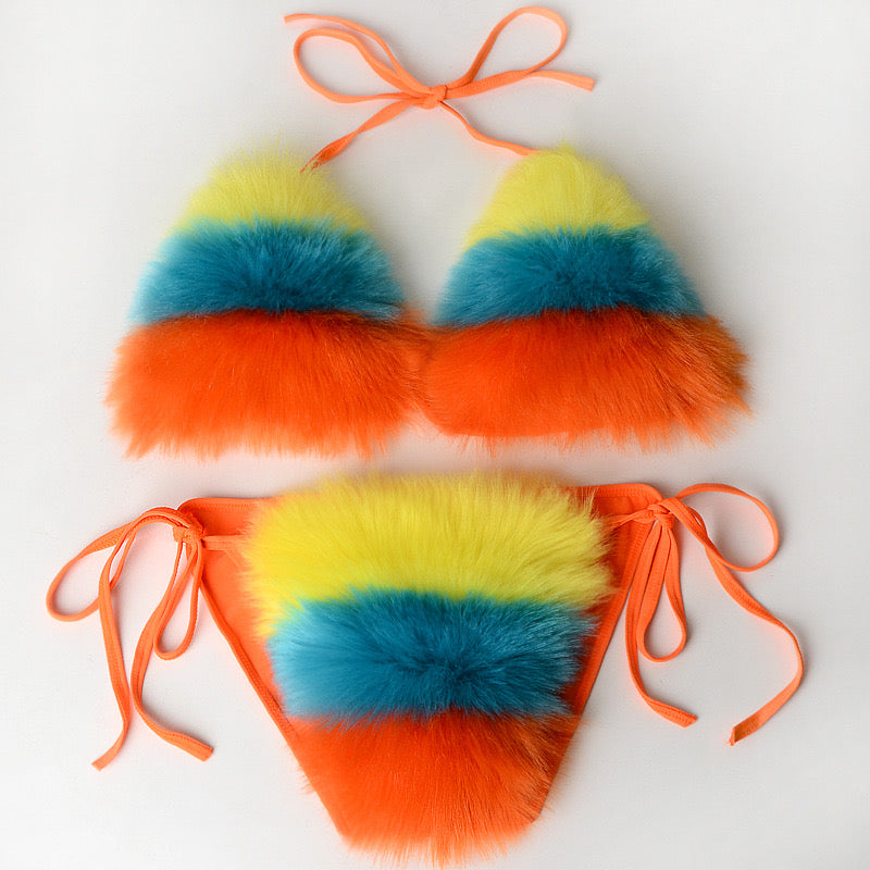 Women's Faux Fur Halter String Triangle Bikini Sets Two Piece Swimsuits