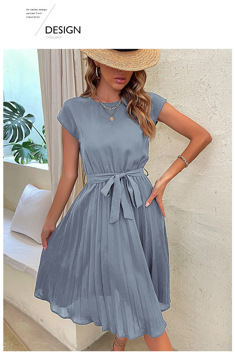Women Summer Maxi Pleated Dress Casual Cap Sleeve Flowy Swing Loose Fit Midi Dresses Pocket Crew Neck Back Button