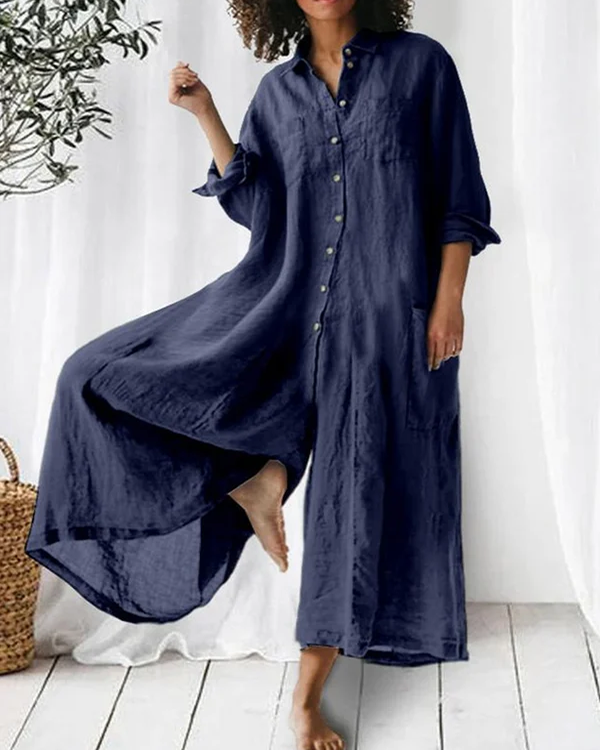 Women Linen Button Down Long Sleeve Wide Leg Jumpsuit Beach Palazzo Pants One Piece Jumpsuit - Seldom Seen Styles