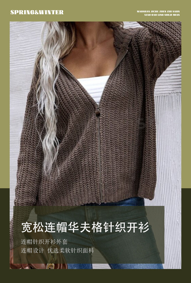 Textured Drop Shoulder Zip Up Hooded Cardigan, Casual Long Sleeve Cardigan Sweater, 2024 Women's Autumn & Winter Clothes for Daily Wear, Evening Tops, Fall & Winter Clothes, Year End Sale, Valentine's Day Gift for Girl - Seldom Seen Styles