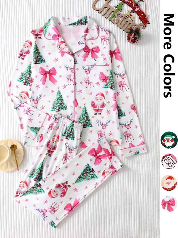Two-piece Set Women's Christmas Print Button Front Pocket Shirt & Elastic Waist Pants Pyjama