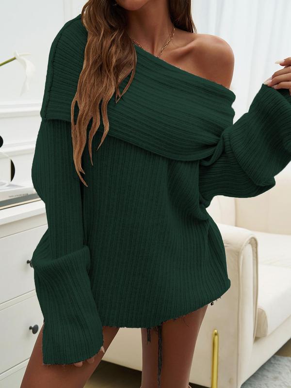 Women's Solid Off Shoulder Drop Shoulder Sweater, Elegant Fashion Casual Long Sleeve Knitting Jumper for Daily Outdoor Wear, Women Knitwear for Fall & Winter