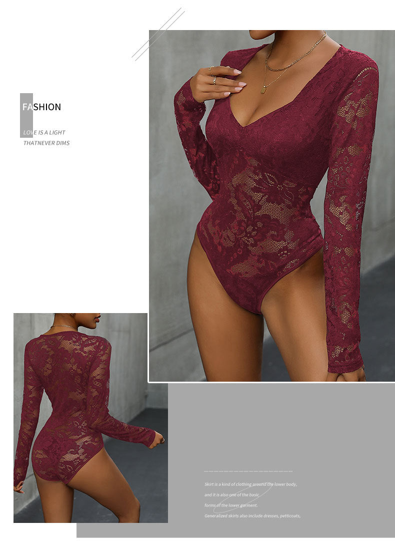 Women's Sheer Floral Lace V Neck Bodysuit Long Sleeve Slim Fit Jumpsuits