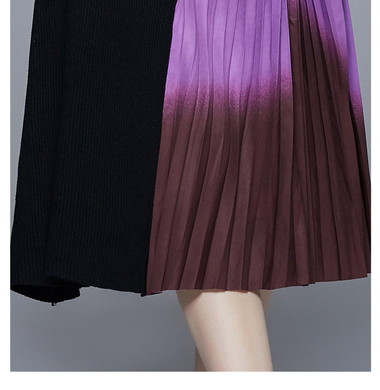 Reese Gradient Patchwork Pleated Midi Dress  Knitted Patchwork Gradient Color Pleated Slim Waist Large Swing Long Dress