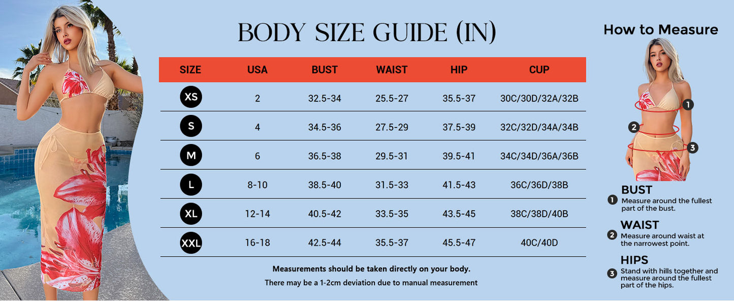 Womens 3pcs Swimsuit Floral Halter Triangle Bikini Top Tie Side Bottom with Long Sheer Cover Up Skirt