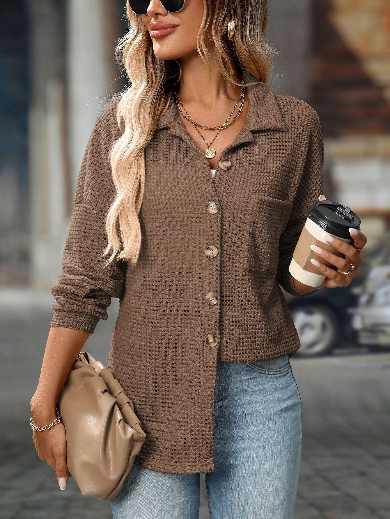 Women's Waffle Knit Button Down Shirts Casual Long Sleeve Shacket Jacket Boyfriend Tops Blouses Loose Fit