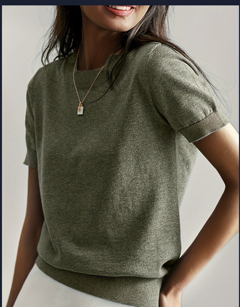 Women's Solid Color Crew Neck Short Sleeve Sweater, Chic Casual Basic Knit Pullover for Spring & Fall, Fashion Women's Knitwear for Daily Wear, Womenswear - Seldom Seen Styles