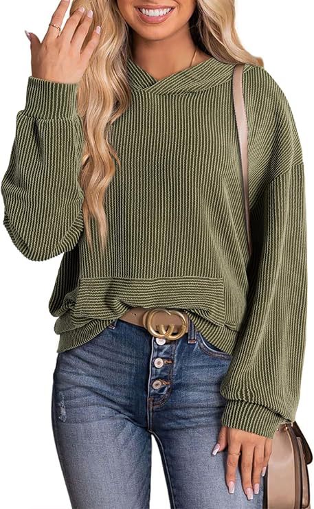 Women's Pullover Hoodies Sweatshirts Casual Loose Long Sleeve Ribbed Knit Shirts - Seldom Seen Styles