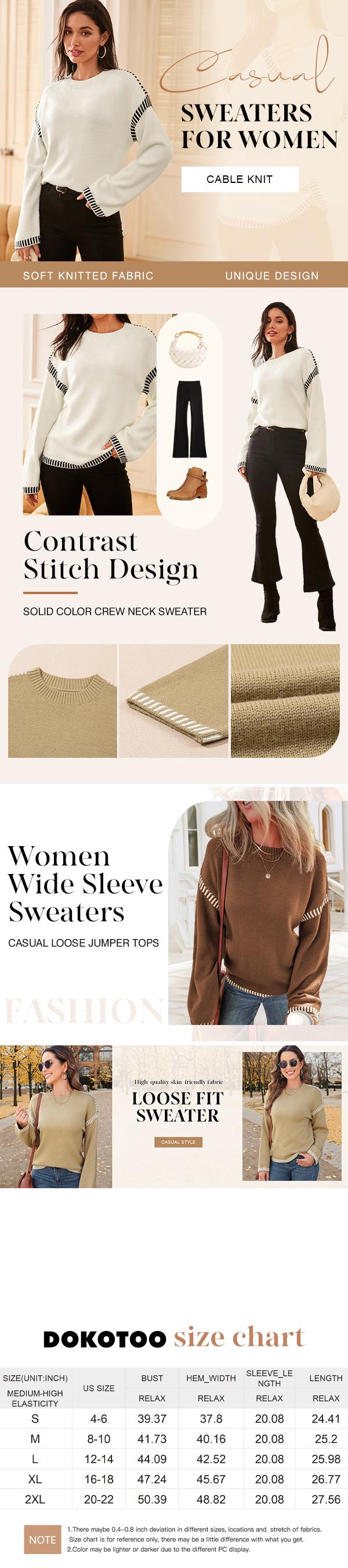 Sweaters for Women Fashion Solid Crewneck Loose Fit Long Sleeve Contrast Cable Knit Pullover Sweater Jumper Tops Knitwear Womenswear Knitwear Womenswear - Seldom Seen Styles
