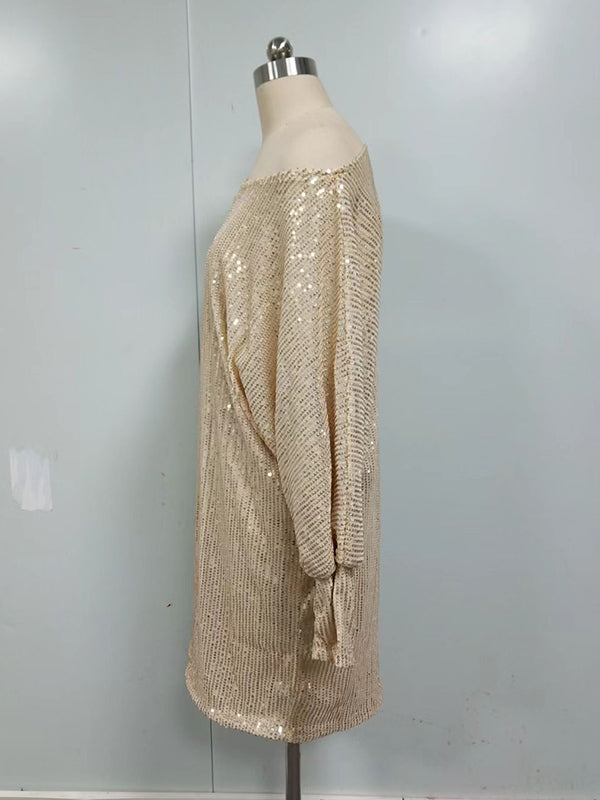 Asymmetric Sequined Solid Color A-line Loose One-shoulder Short Dresses Mini Dresses - Seldom Seen Styles