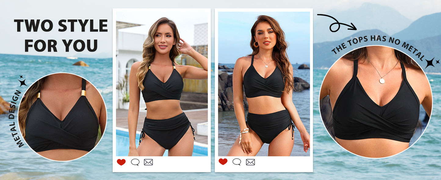 Blooming Jelly Womens High Waisted Bikini Sets Drawstring Tummy Control Swimsuits Crisscross Tie Back Bathing Suit - Seldom Seen Styles