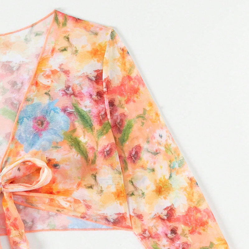 Boho Ruffle Floral Cover Up High Leg Triangle Brazilian Four Piece Bikini Swimsuit - Seldom Seen Styles