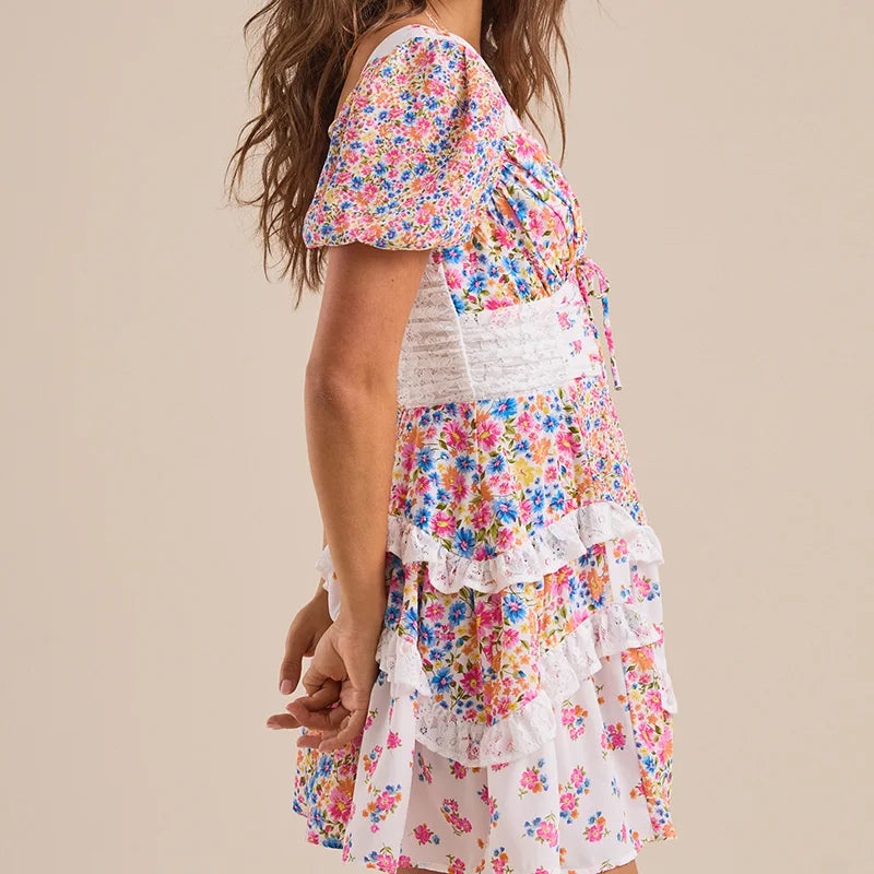Cassidy Ruffle Patchwork Mini Dress floral dresses for women - Seldom Seen Styles