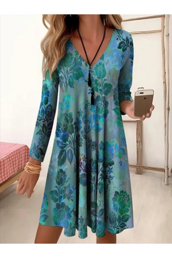 Casual Floral V Neck 3/4 Sleeve Comfy Mini Dress - Seldom Seen Styles