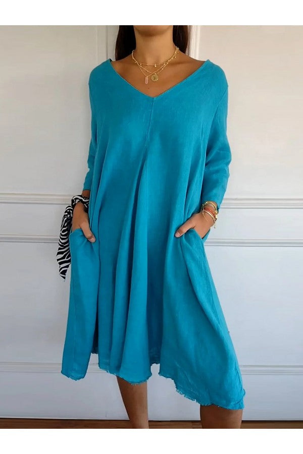 Casual Plain V Neck 3/4 Sleeve Comfy Daily Midi Dress - Seldom Seen Styles