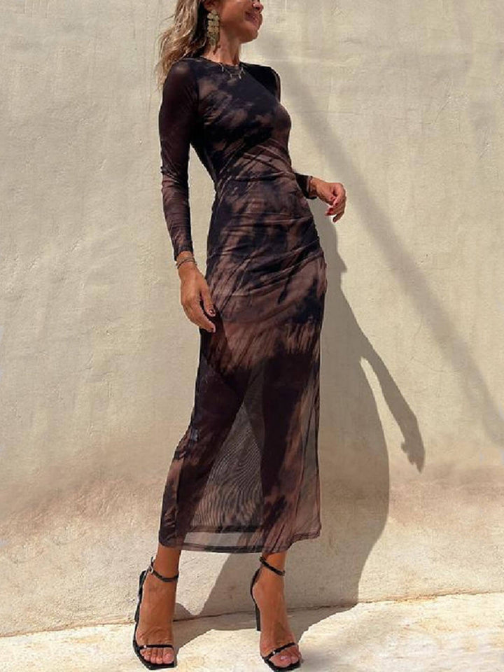 Charm Lady Mesh Overlay Tie Dye Print Long Sleeve Ruched Stretch Midi Dress - Seldom Seen Styles