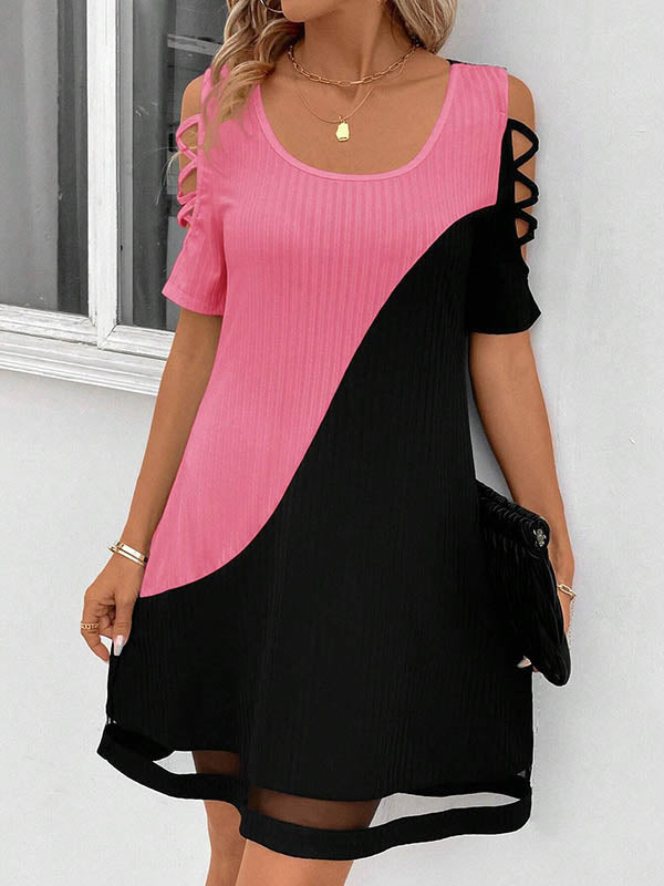Contrast Color Hollow Mesh Split-Joint A-Line Loose Cold Shoulder Mini Dresses - Seldom Seen Styles