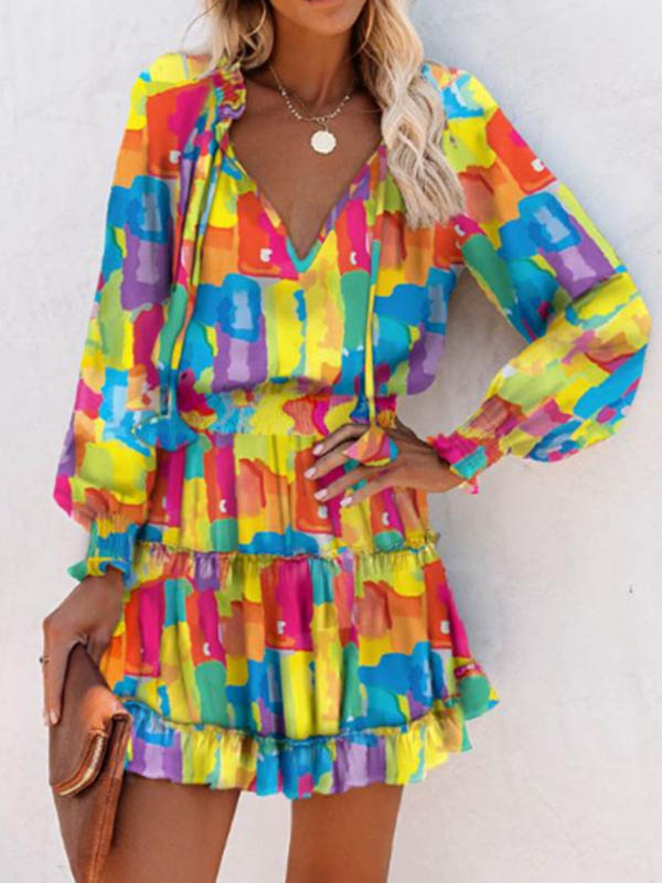 Contrast Color Pleated Split-Joint Tied A-Line Long Sleeves V-Neck Mini Dresses - Seldom Seen Styles