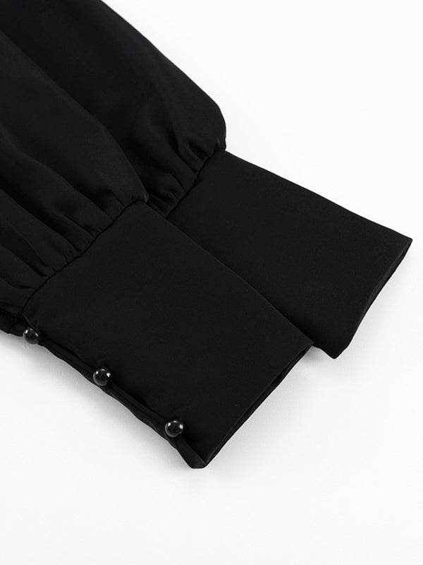 Contrast Color Pleated Tiered Long Sleeves Loose Peter Pan Collar Mini Dresses - Seldom Seen Styles