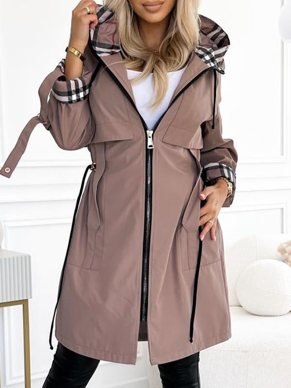 Women's Hooded Zipper Drawstring Plaid Print Casual Long Coat-XS-3XL - Seldom Seen Styles