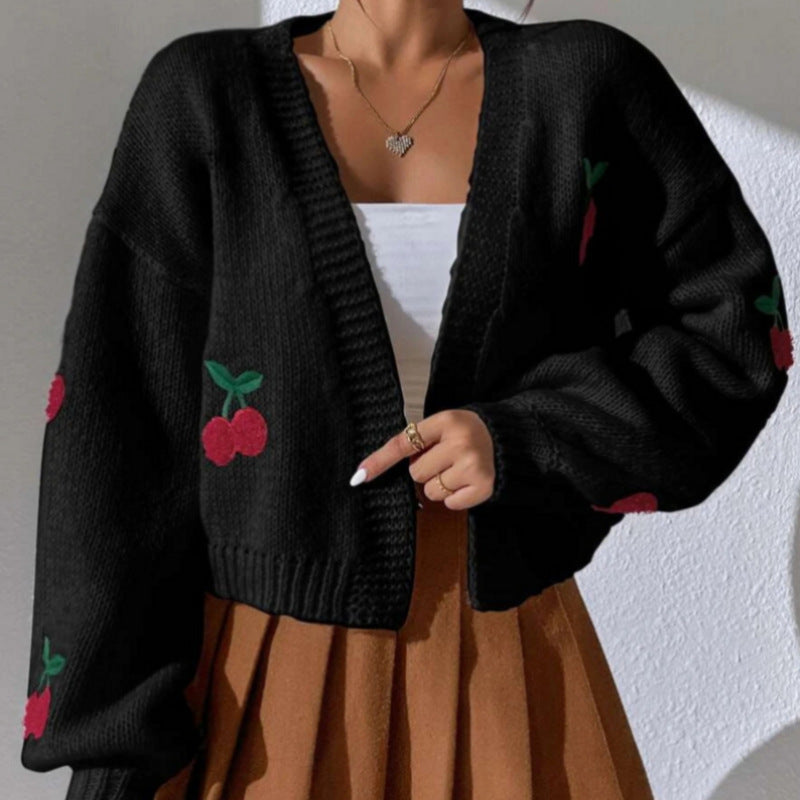 Embroidered Open Front Women's Graphic Cherry Cardigan Open Front Cable Knit Lantern Sleeve Cropped Cardigan Sweater - Seldom Seen Styles