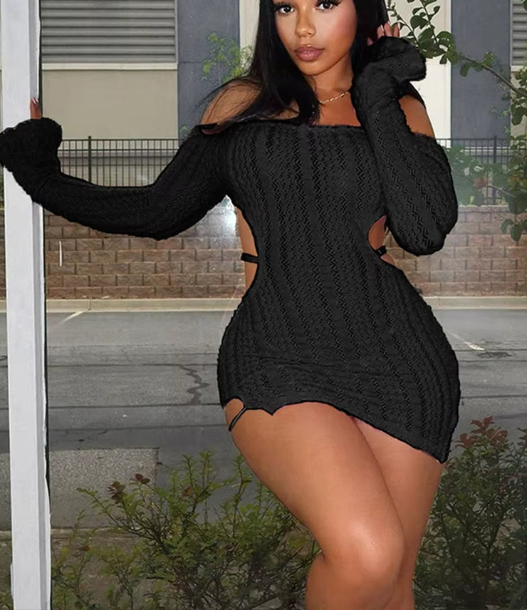 Fluffy Boat Neck Backless Gothic Mini Dress - Seldom Seen Styles