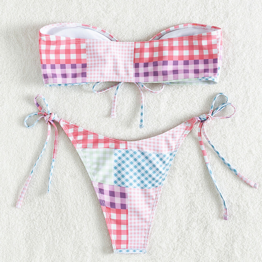 Gingham Patchwork Tie String Bandeau Brazilian Two Piece Bikini Swimsuit - Seldom Seen Styles