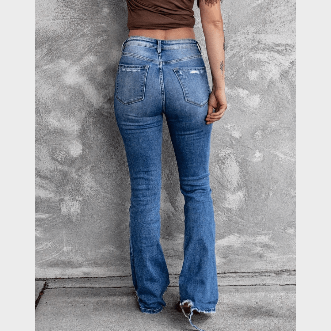 High Waist Ripped Flare Leg Denim Jeans - Seldom Seen Styles