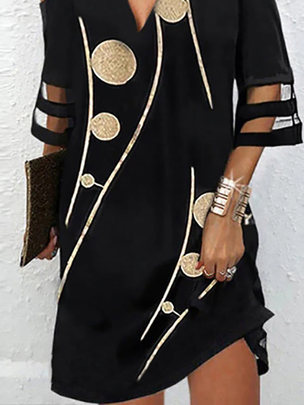 Hollow Mesh Polka-Dot Printed Split-Joint Half Sleeves Loose Cold shoulder Mini Dresses - Seldom Seen Styles