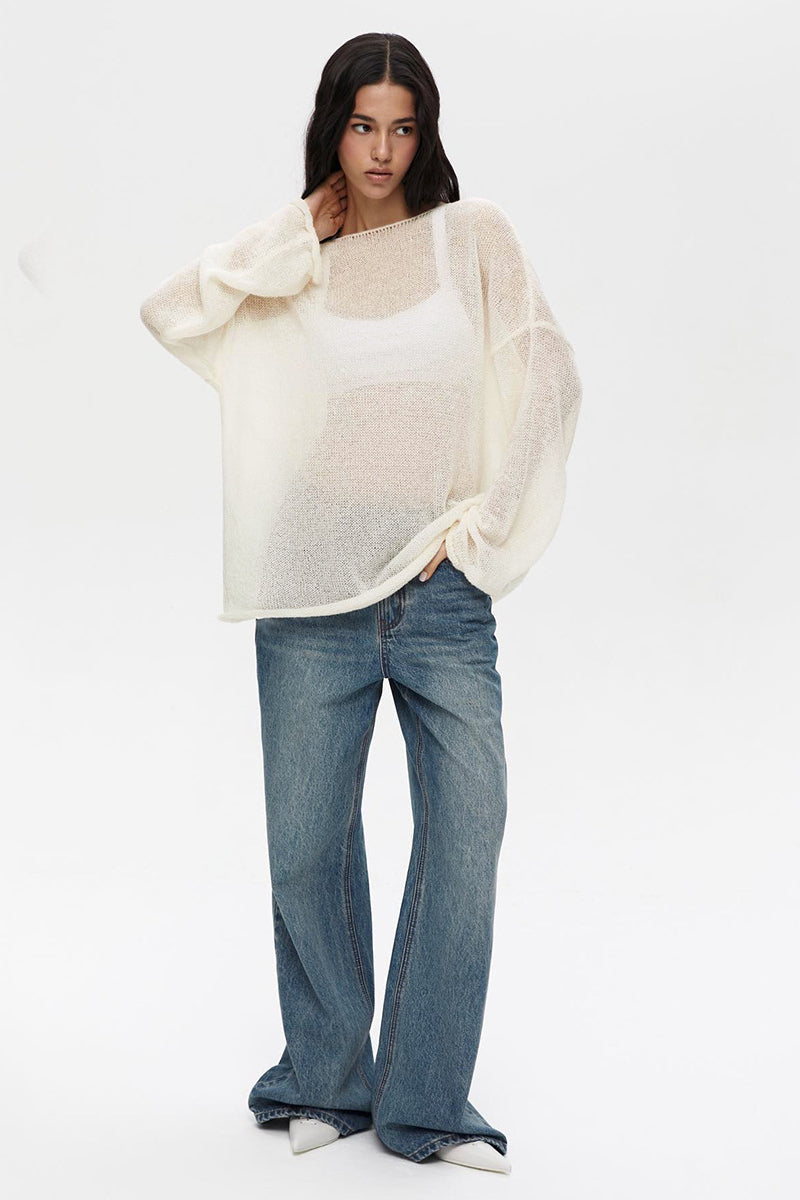 Hollow Out Bell Sleeve Women Long Sleeve Sheer Mesh Knit Sweater Tops Y2K Summer Loose Hollow Out Pullover Jumper Shirt Beach - Seldom Seen Styles