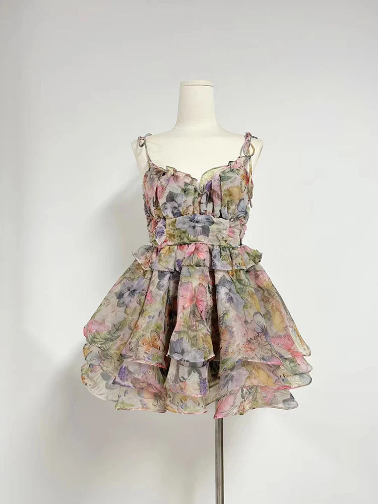 IRENA MINI DRESS Strap Flower Puffy Dress - Seldom Seen Styles