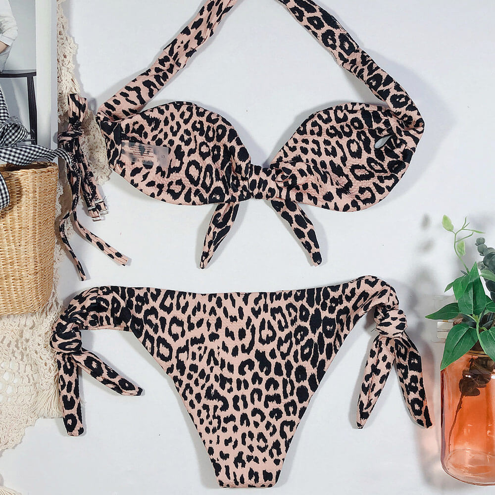 Leopard Print Bow Tie Bandeau Brazilian Two Piece Bikini Swimsuit - Seldom Seen Styles