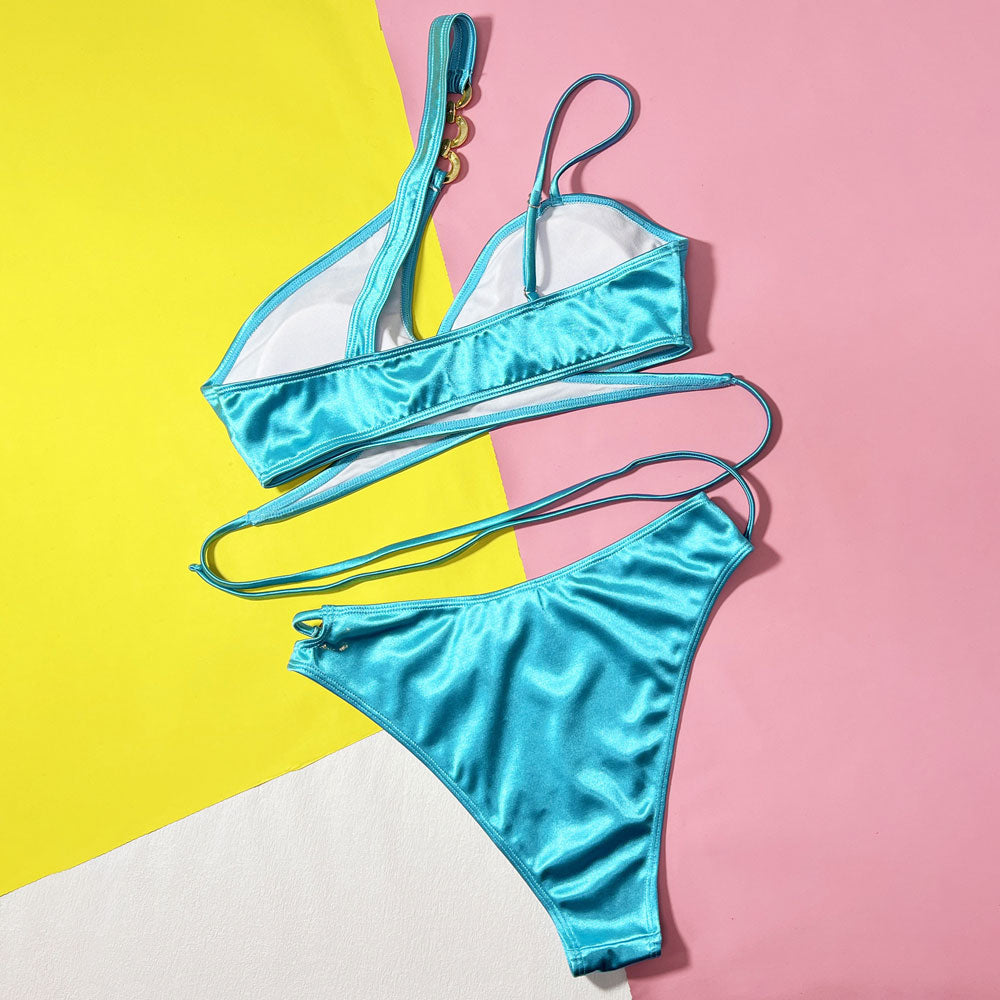 Metallic O Ring Cutout Wrap Around Brazilian Two Piece Bikini Swimsuit - Seldom Seen Styles