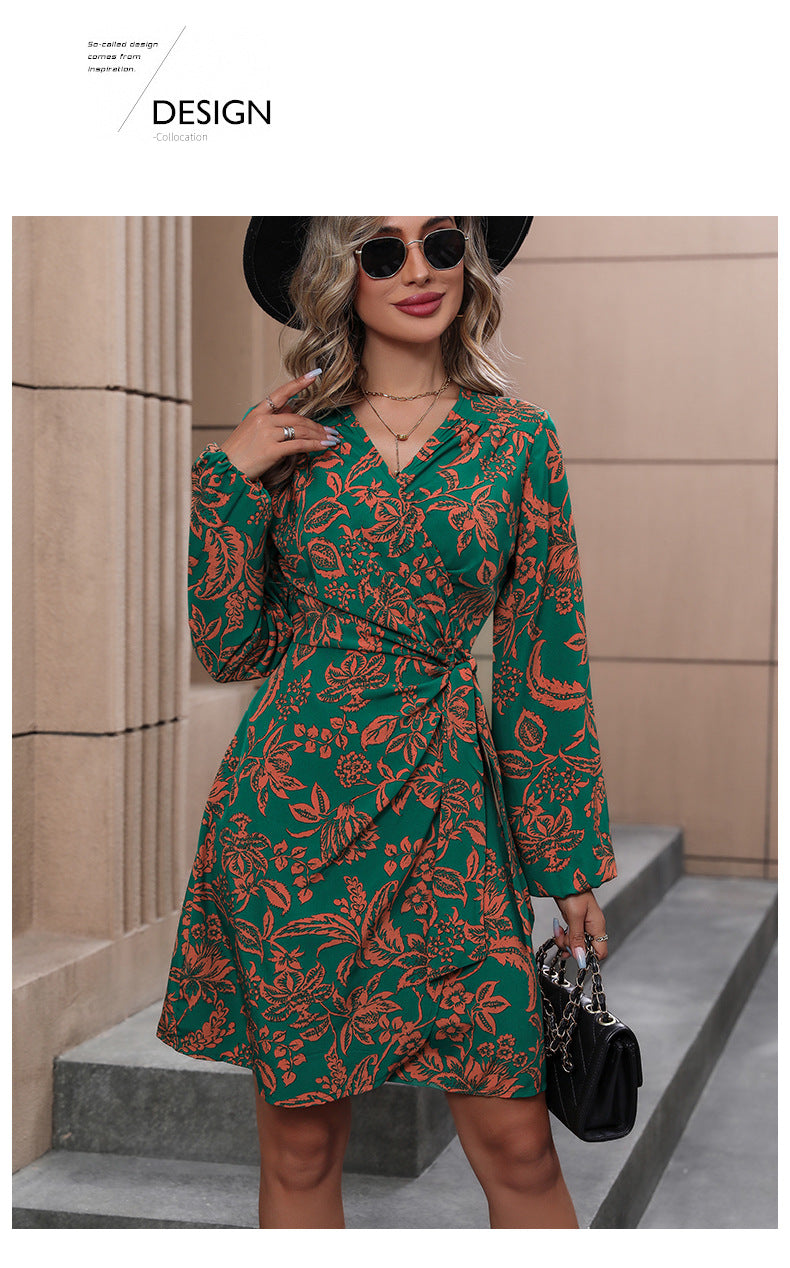 New V-Neck Long Sleeve Fashion One-Piece A- line Skirt Printed Dress - Seldom Seen Styles