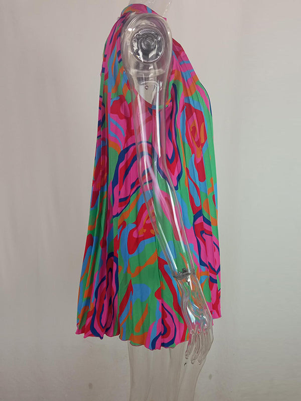 Pleated Printed Loose Plus Size Halter-Neck Short Dresses Mini Dresses - Seldom Seen Styles