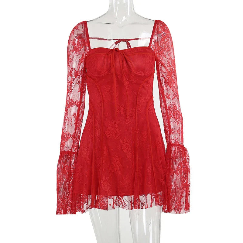 Ravishing Ruby Long-sleeve Square necklace lace dress - Seldom Seen Styles