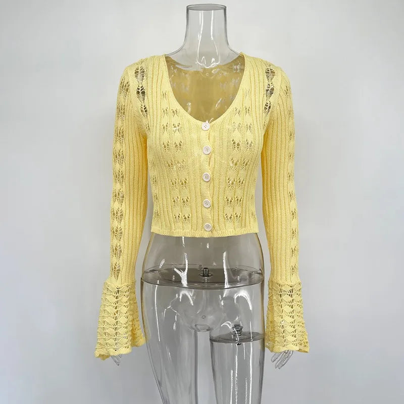 Tuularose Spring Knitted Cardigan Female Solid V-Neck Hollow Out Short Knitted Top Fashion Casual Loose Commuter Female T-Shirt