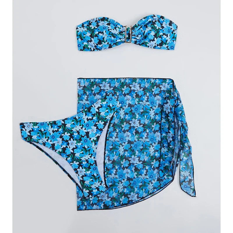 Cyflymder Printing Split Bikini Set Women Swimsuit Metal U-shaped Decoration Bandage G-string Bikini Cover Ups Sexy 3 Piece Sets Beachwear