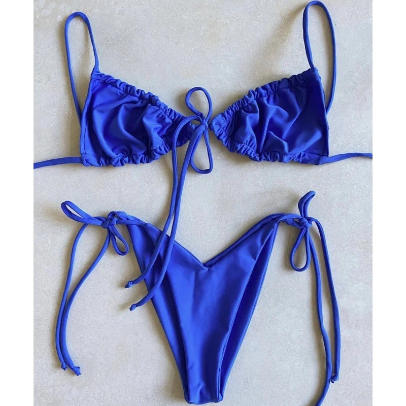 Cyflymder Solid Split Micro Bikini Swimsuit Women Sexy Triangle Lace Up Bikini Push Up Summer New Bathing Suits Two Piece Beachwear