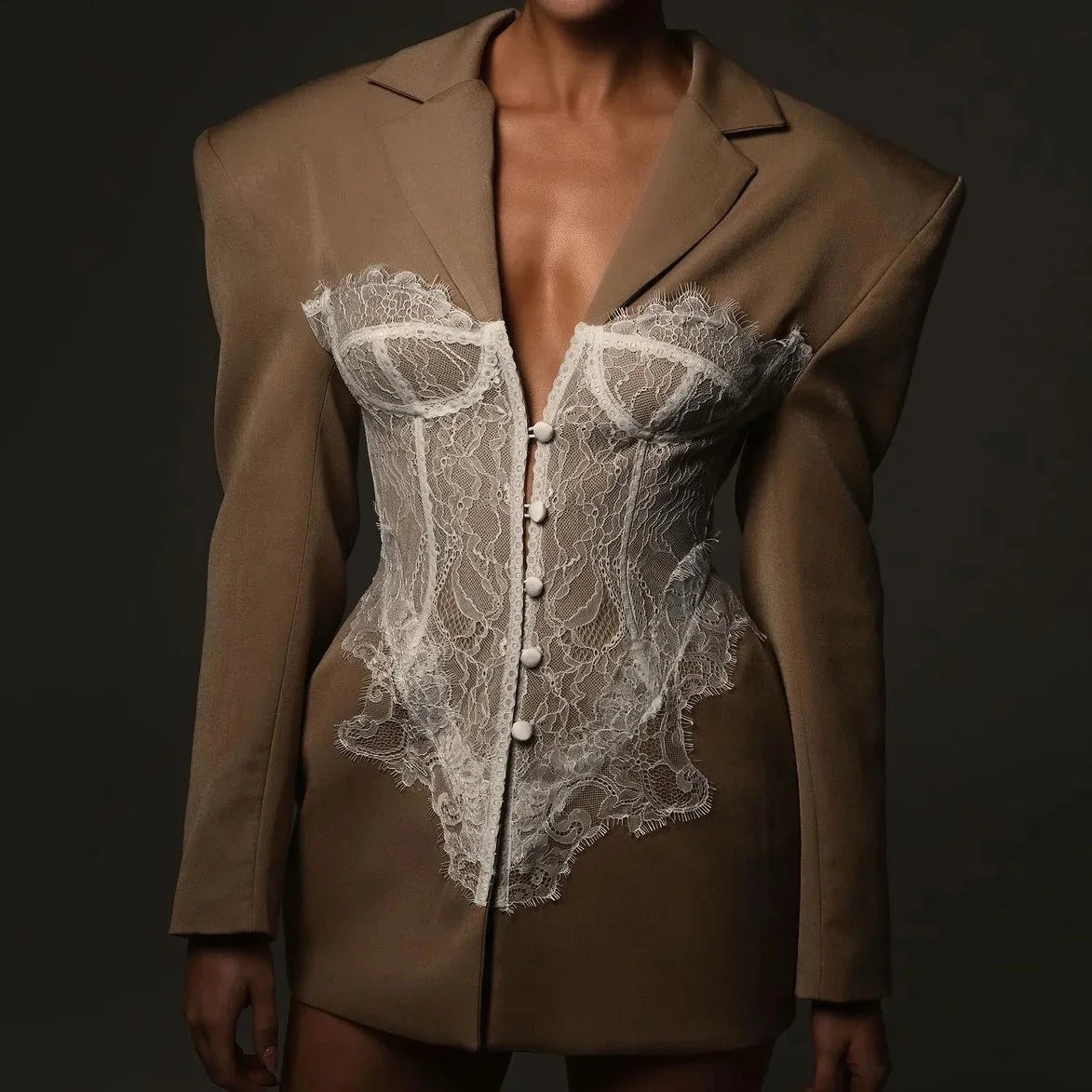 Secrets Lace-embellished collarless suit jacket - Seldom Seen Styles