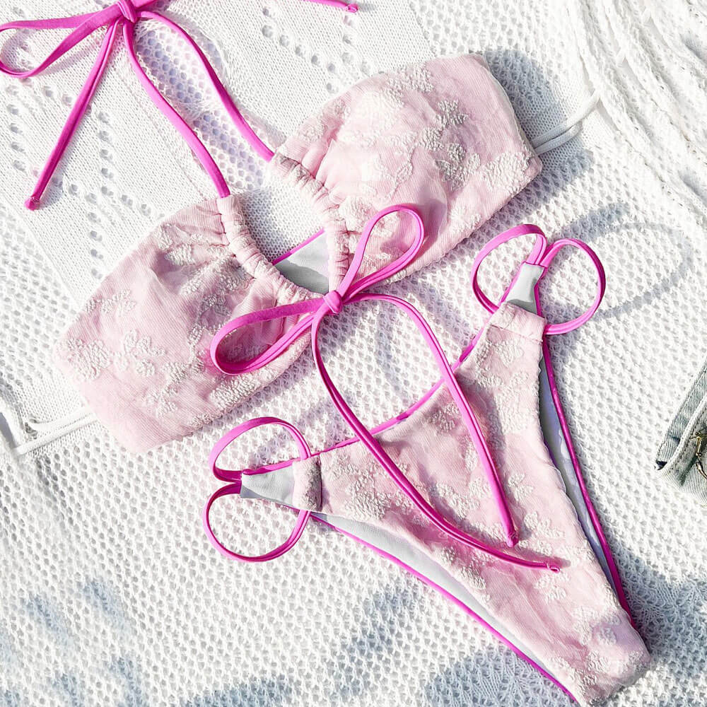 Sexy Floral Jacquard Strappy Cheeky Halter Brazilian Two Piece Bikini Swimsuit - Seldom Seen Styles